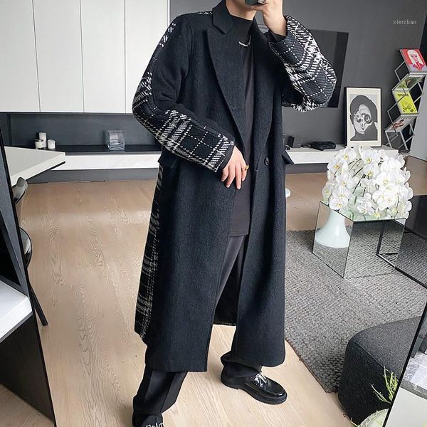 xltall men's long woolen coat japanese retro plaid stitching style men's suit collar woolen windbreaker trend.1, Tan;black 
xltall men's long woolen coat japanese retro plaid stitching style men's suit collar woolen windbreaker trend.1, Tan;black