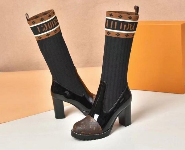 designer new ladies patent leather high elasticity flying knit woolen boots autumn and winter paris catwalk letter high-heeled boots classic, Black
designer new ladies patent leather high elasticity flying knit woolen boots autumn and winter paris catwalk letter high-heeled boots classic, Black