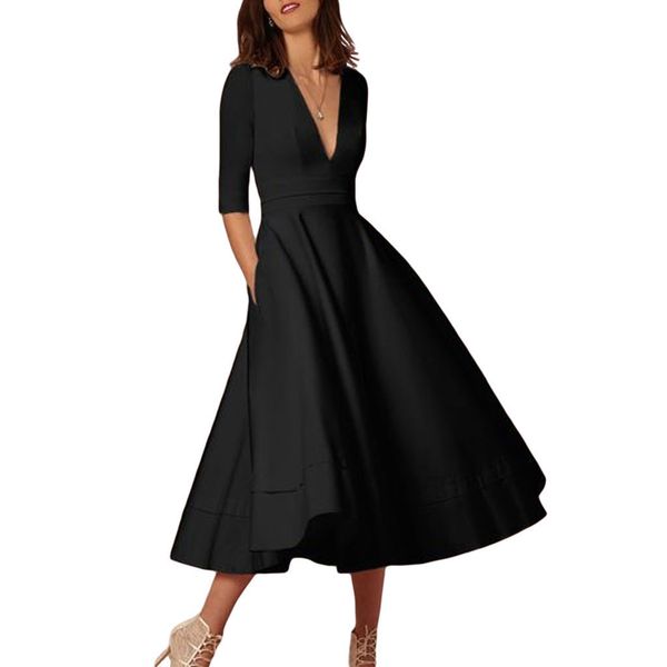 women half sleeve dress v neck pleated dresses ladies ol solid color clothes, Black;gray
women half sleeve dress v neck pleated dresses ladies ol solid color clothes, Black;gray