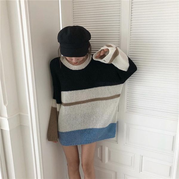 sweater autumn women's thin section loose striped color matching casual pullover fashion knitted sweater1, White;black
sweater autumn women's thin section loose striped color matching casual pullover fashion knitted sweater1, White;black