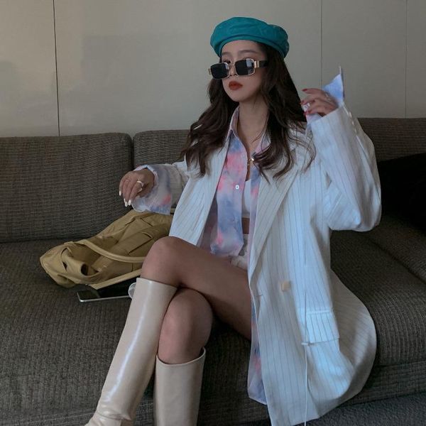 women's new drawstring loose striped suit jacket, White;black
women's new drawstring loose striped suit jacket, White;black