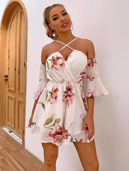 joyfunear floral flounce sleeve romper l0k8#, White