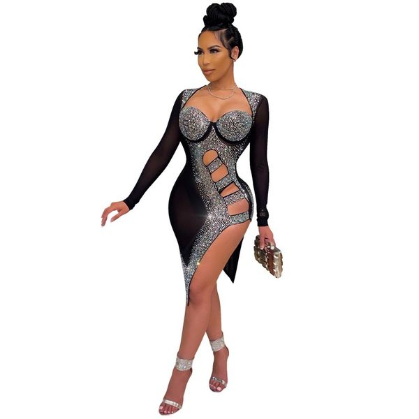 women party dresses long sleeve for club night rhinestone drilling process bodycon hollow out mini dress, White;black
women party dresses long sleeve for club night rhinestone drilling process bodycon hollow out mini dress, White;black