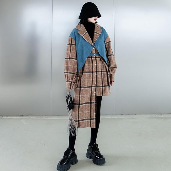 women's wool & blends women woolen coats asymmetry patchwork plaid coat color matching long winter fashion d078, Black
women's wool & blends women woolen coats asymmetry patchwork plaid coat color matching long winter fashion d078, Black