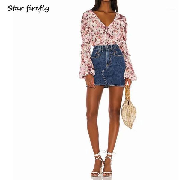 women's blouses & shirts star firefly wild slim ruffled lantern sleeves blouse female 2021 v-neck single-breasted printed chiffon shirt, White 
women's blouses & shirts star firefly wild slim ruffled lantern sleeves blouse female 2021 v-neck single-breasted printed chiffon shirt, White