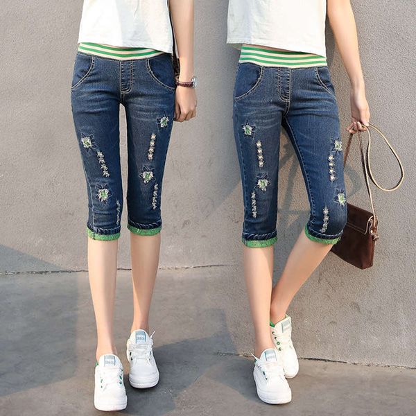 waist capris worn holes patch girls middle school students' jeans new elastic thin in summer, Blue
waist capris worn holes patch girls middle school students' jeans new elastic thin in summer, Blue