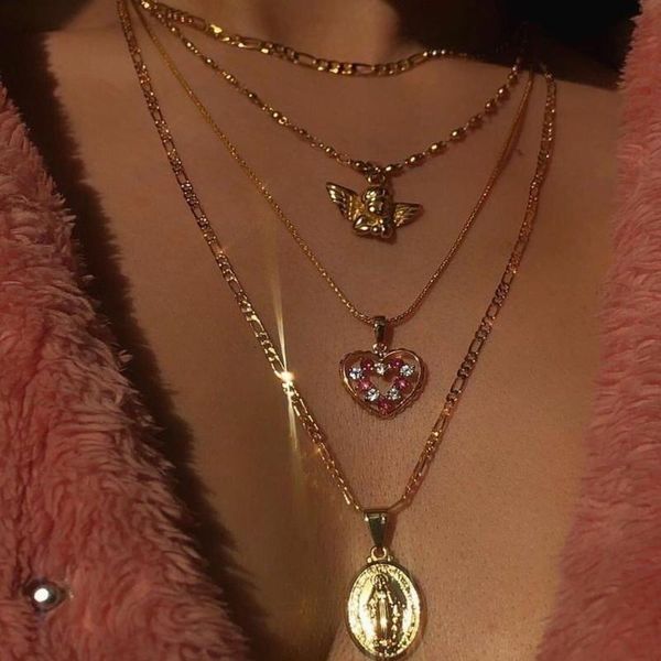 women gold color bead necklace angel heart pink crystal virgin mary pendant choker necklace multilayer clavicle chain jewelry, Silver
women gold color bead necklace angel heart pink crystal virgin mary pendant choker necklace multilayer clavicle chain jewelry, Silver