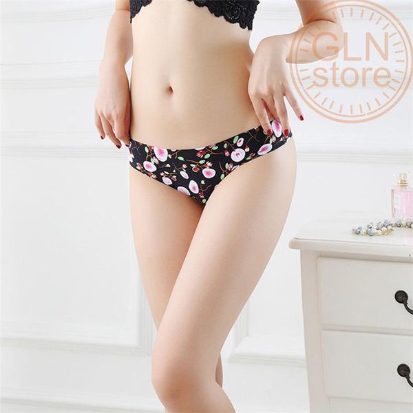 028 women's one-piece printed seamless adhesive underwear small fresh style low waist ice silk t-shirt1, Black;pink
