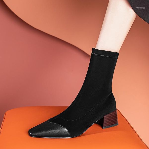 women's genuine leather patchwork slip-on thick high heel autumn ankle boots pointed toe balck slim short booties shoes women1, Black
women's genuine leather patchwork slip-on thick high heel autumn ankle boots pointed toe balck slim short booties shoes women1, Black