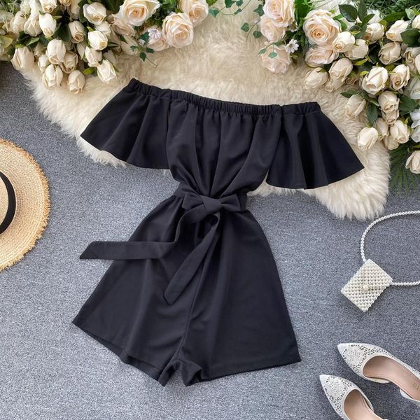 women's summer ruffles off-shoulder lace up high-waisted slim solid wide leg pants, Black;white
women's summer ruffles off-shoulder lace up high-waisted slim solid wide leg pants, Black;white