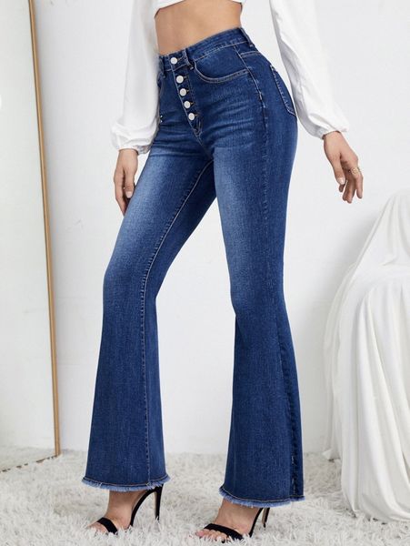 button front raw hem flare leg jeans p85e#, Blue 
button front raw hem flare leg jeans p85e#, Blue