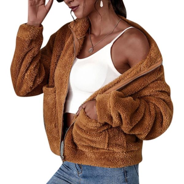women's fur & faux winter coat solid female pocket button short casual women clothing long sleee, Black
women's fur & faux winter coat solid female pocket button short casual women clothing long sleee, Black