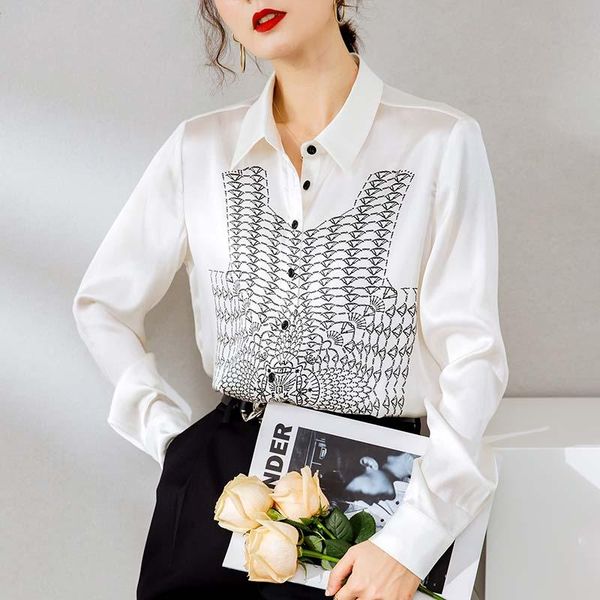 19mm 93% silk 7% spandex women's shirt turn down collar long sleeves printed elegant blouse camisa, White
19mm 93% silk 7% spandex women's shirt turn down collar long sleeves printed elegant blouse camisa, White