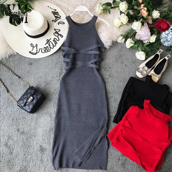 yornmona korean style women bandage bodycon dress 2020 summer split knitted party dresses elegant halter ladies long maxi dres1, Black;gray
yornmona korean style women bandage bodycon dress 2020 summer split knitted party dresses elegant halter ladies long maxi dres1, Black;gray