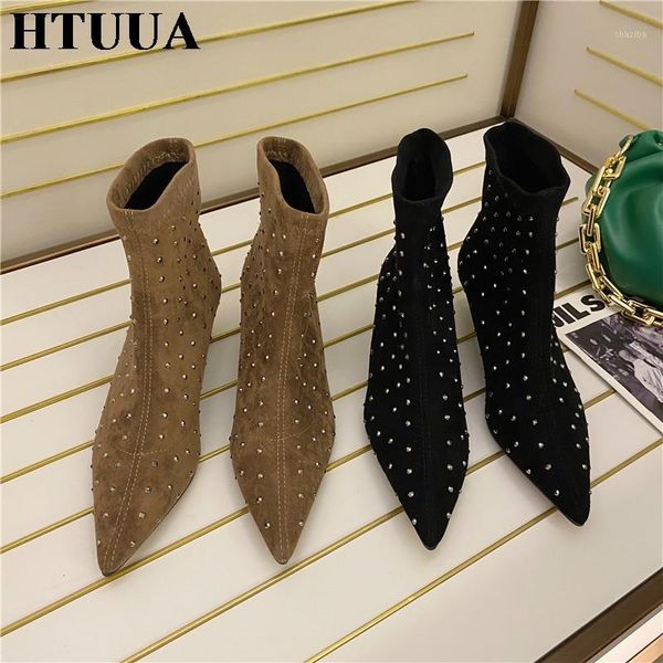 htuua flock diamond crystal ankle boots for women 2020 autumn winter pointed toe small heel short boots dress shoes my19401, Black 
htuua flock diamond crystal ankle boots for women 2020 autumn winter pointed toe small heel short boots dress shoes my19401, Black
