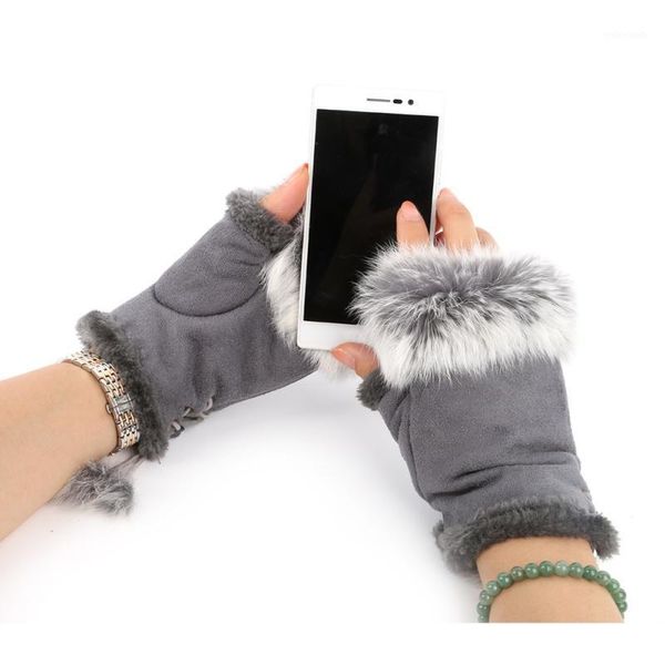 women winter glove faux fur hand wrist warmer fingerless gloves 2018, Blue;gray
