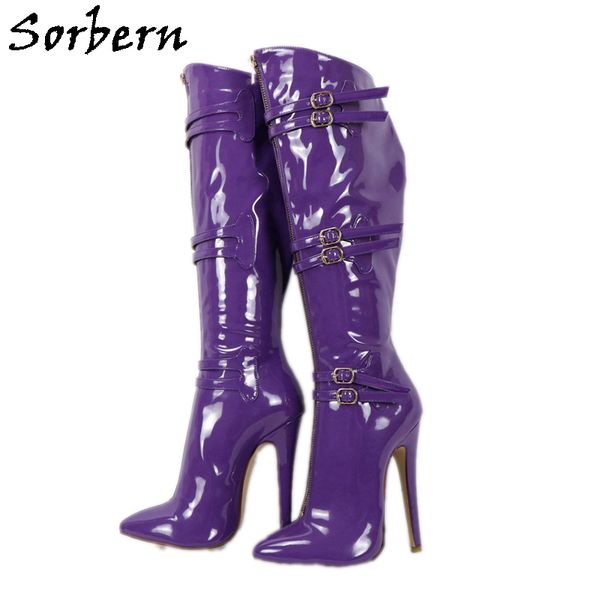 sorbern purple shiny knee high boots women high heel stilettos gold zipper front straps with buckles, Black