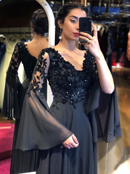 elegant black evening dresses 2022 flare long sleeve v-neck lace appliques sequins backless floor length a-line party prom gown
elegant black evening dresses 2022 flare long sleeve v-neck lace appliques sequins backless floor length a-line party prom gown