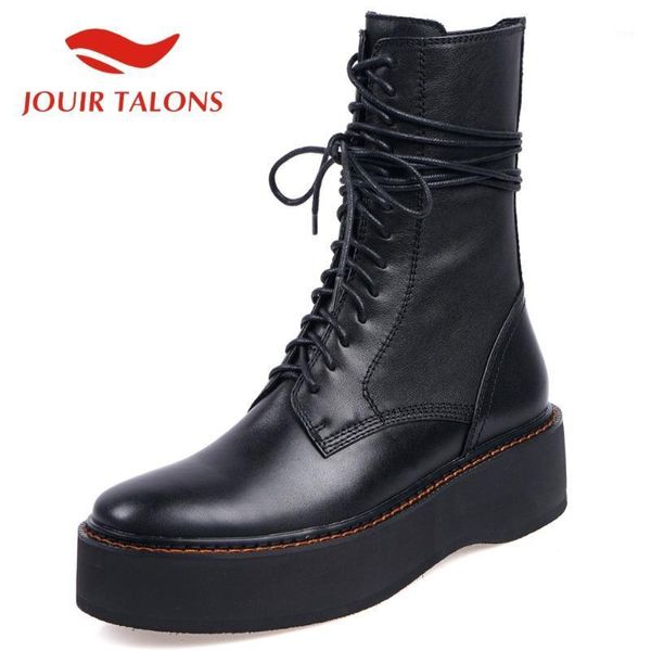 boots jouir talons shoes woman real leather round toe cross-tied platform ankle solid autumn boots1, Black
