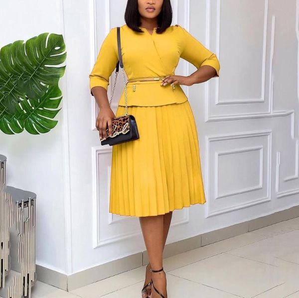 elegant african dress women autumn yellow pleated three quarters a line office business work robe femme vestidos midi kg-428, Black;gray 
elegant african dress women autumn yellow pleated three quarters a line office business work robe femme vestidos midi kg-428, Black;gray