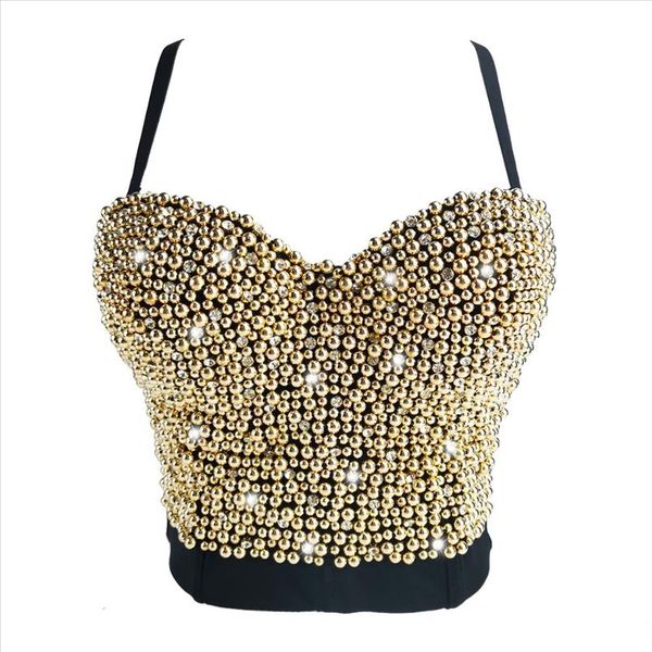 handmade summer rhinestone bustier gold pearl crop sleeveless women for stage party tank vest, White
handmade summer rhinestone bustier gold pearl crop sleeveless women for stage party tank vest, White