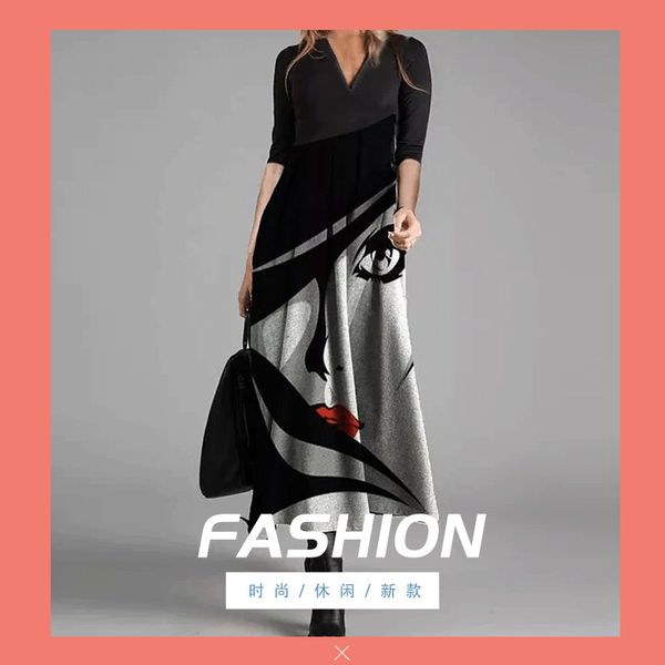 v-neck long sleeve medium length black high-end women's printed autumn and winter new dress, Black;gray 
v-neck long sleeve medium length black high-end women's printed autumn and winter new dress, Black;gray