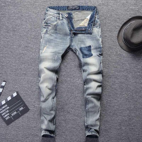 italian vintage fashion men jeans newly sim fit jeans men denim ripped pants streetwear hip hop homme1, Blue
italian vintage fashion men jeans newly sim fit jeans men denim ripped pants streetwear hip hop homme1, Blue