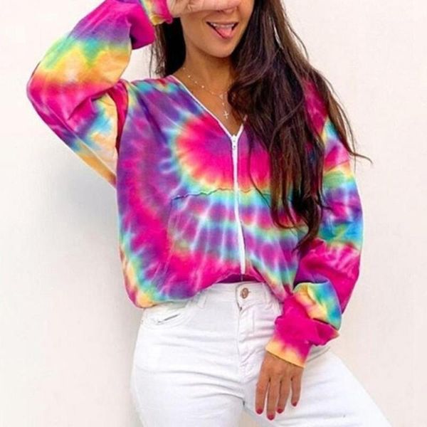 running jackets women's casual sport loose-fitting tie-dye print hooded coat plus size zipper thin outwear for female outdoor clothes 2, Black;red