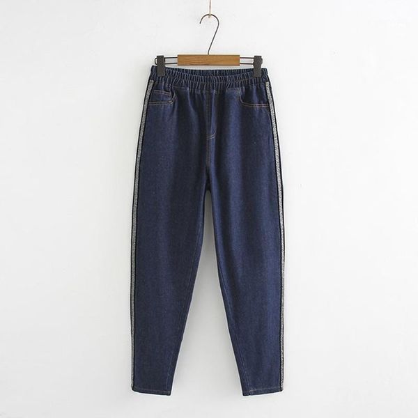 women's jeans plus size women's elastic waist jean casual striped long denim trousers1, Blue