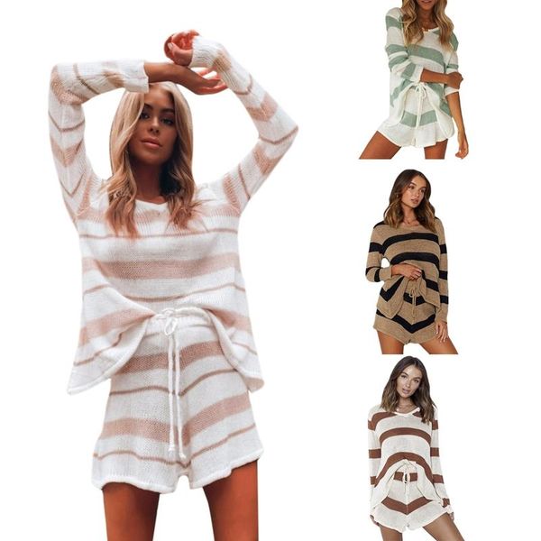 women's tracksuits knitted sweater casual striped shorts set two-piece pullover drawstring womens, Gray
women's tracksuits knitted sweater casual striped shorts set two-piece pullover drawstring womens, Gray