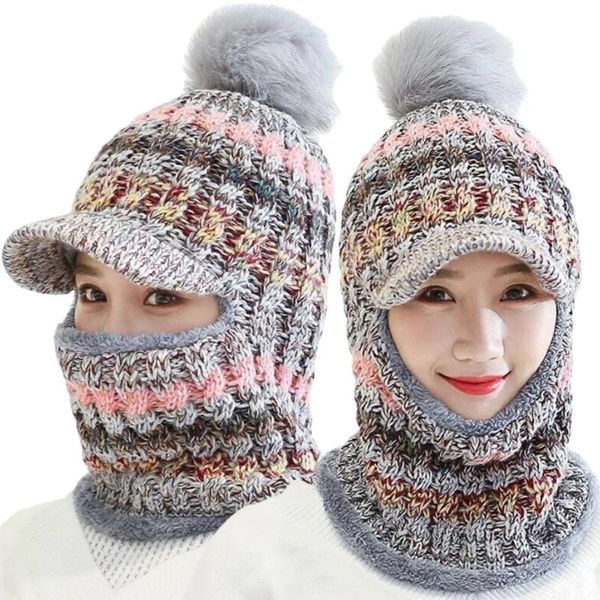 beanie/skull caps women winter knit balaclava beanie hat with visor brim colorful striped pompom ski face mask plush lined neck warmer, Blue;gray
beanie/skull caps women winter knit balaclava beanie hat with visor brim colorful striped pompom ski face mask plush lined neck warmer, Blue;gray
