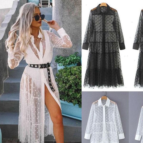 women mesh sheer transparent polka dot lace cover up v neck button down maxi dress see through party clubwear beach dress, Black;gray
women mesh sheer transparent polka dot lace cover up v neck button down maxi dress see through party clubwear beach dress, Black;gray