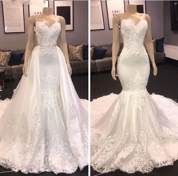 two pieces wedding dresses detachable skirt removable train appliqued lace satin mermaid bridal gowns vestido de novia custom made, White
two pieces wedding dresses detachable skirt removable train appliqued lace satin mermaid bridal gowns vestido de novia custom made, White