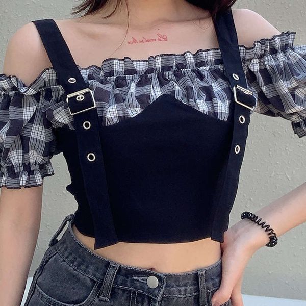 women's 2020 new trend fake two pieces of contrast color lattice sling adjustable slim revealing navel top, Black;gray
women's 2020 new trend fake two pieces of contrast color lattice sling adjustable slim revealing navel top, Black;gray