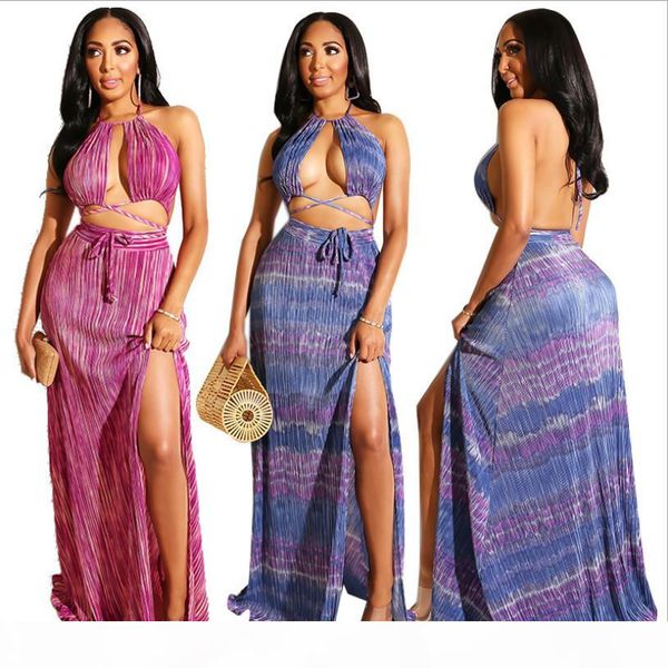 bohemian style women striped print floor-length dress lady halter lace-up backless hollow out high split dress 2020 summer, Black;gray 
bohemian style women striped print floor-length dress lady halter lace-up backless hollow out high split dress 2020 summer, Black;gray