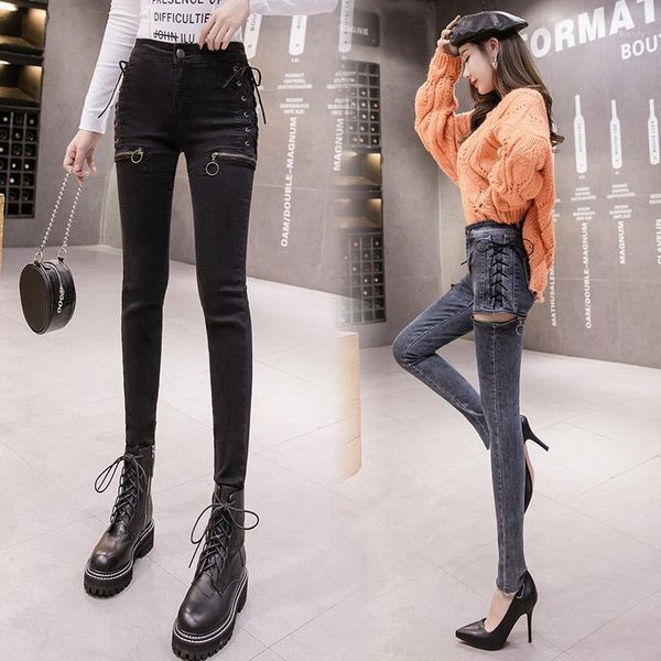women skinny jeans high waist slim zipper splice side bandage punk pencil denim pants female streetwear hip hop harem trouser1, Blue 
women skinny jeans high waist slim zipper splice side bandage punk pencil denim pants female streetwear hip hop harem trouser1, Blue