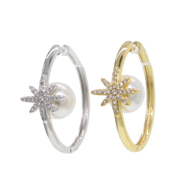 hoop & huggie 2021summer arrive starburst micro pave cz northstar with inside freshwater pearls geometric round circle earring, Golden;silver