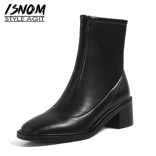 boots isnom soft cow leather ankle woman square toe sock boot front zipper short booties med heels women shoes 2021, Black
boots isnom soft cow leather ankle woman square toe sock boot front zipper short booties med heels women shoes 2021, Black