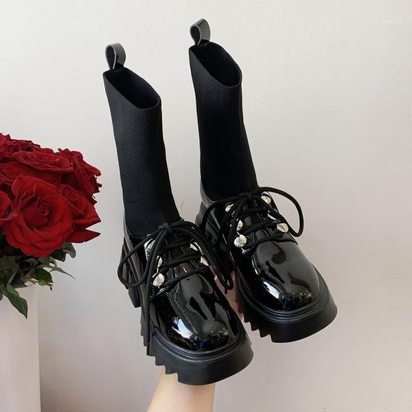 boots woman casual shoes nice patent leather patchwork chunky sock women fashion high platform wedges ankle boots1, Black
boots woman casual shoes nice patent leather patchwork chunky sock women fashion high platform wedges ankle boots1, Black