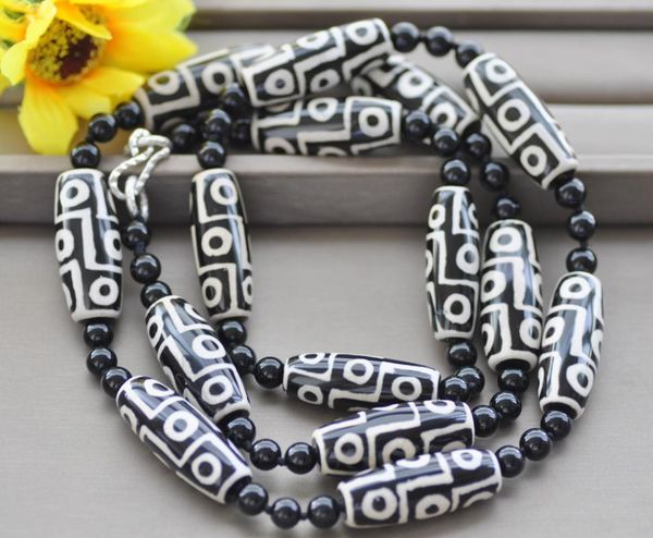 chains z10230 40" 40mm tibet eye round black agate necklace, Silver