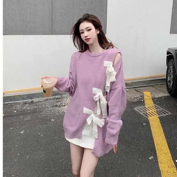 loose crew neck design long sleeve student style bow tie knit sweater for women, White;black
loose crew neck design long sleeve student style bow tie knit sweater for women, White;black