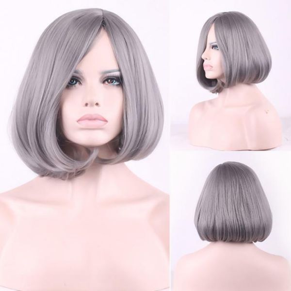 custom natural gray short bob cut synthetic women full hair wig + long side bang, Black
custom natural gray short bob cut synthetic women full hair wig + long side bang, Black