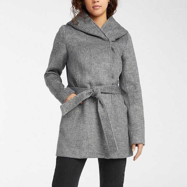 atuback 2020 winter women belted wool coat pocket casual jacket1, Black