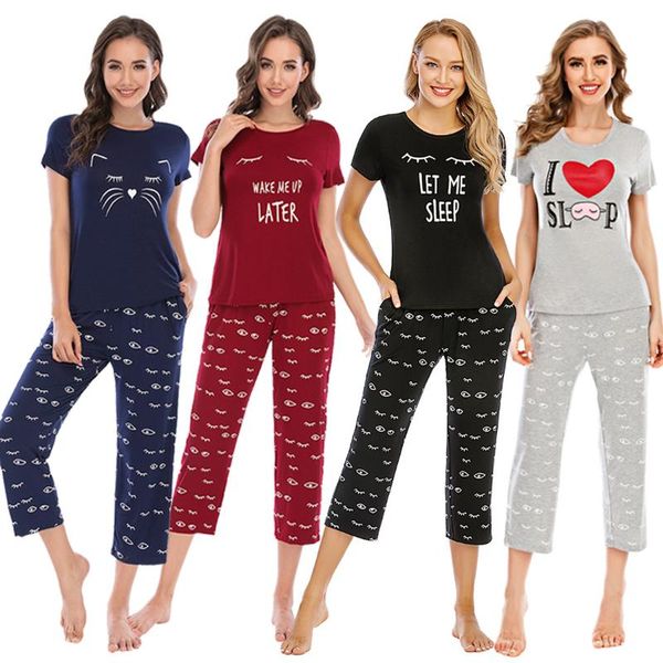 spirng night suit short sleeve cropped trousers cartoon print autumn sleepwear two-piece sets for women home service round neck, Black;brown
spirng night suit short sleeve cropped trousers cartoon print autumn sleepwear two-piece sets for women home service round neck, Black;brown