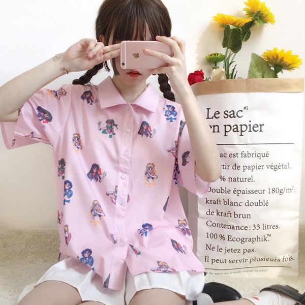 2021 harajuku female cartoon sailor moon print summer chiffon loose lapel short sleeve blouse cute pink shirt pb58, White
2021 harajuku female cartoon sailor moon print summer chiffon loose lapel short sleeve blouse cute pink shirt pb58, White