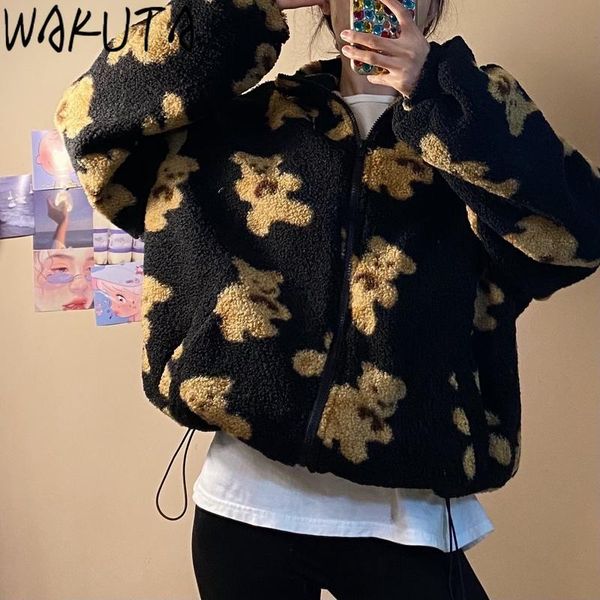 women's wool & blends wakuta stand collar loose warm jacket lamb winter thickened bear zipper female coat casual chic soft fleece, Black
women's wool & blends wakuta stand collar loose warm jacket lamb winter thickened bear zipper female coat casual chic soft fleece, Black
