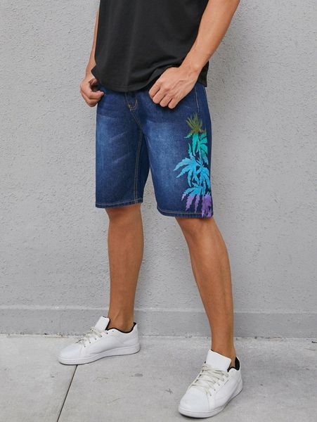 men tropical print denim shorts s0st#, Blue