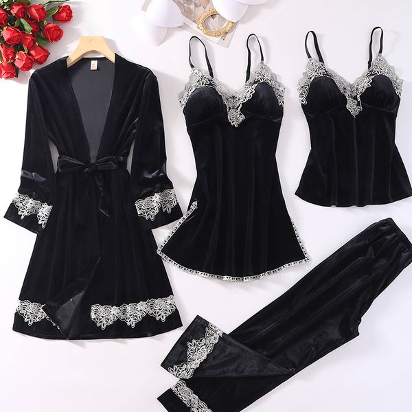 women veet 4 pieces pajamas sets sling lace velour sleepwear winter autumn pyjama with chest pad wine red robe, Black;white
women veet 4 pieces pajamas sets sling lace velour sleepwear winter autumn pyjama with chest pad wine red robe, Black;white
