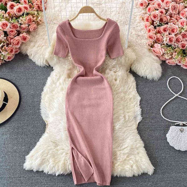 vintage knitted dress summer korean fashion women square collar short sleeve high waist bodycon split vestidos, Black;gray
vintage knitted dress summer korean fashion women square collar short sleeve high waist bodycon split vestidos, Black;gray