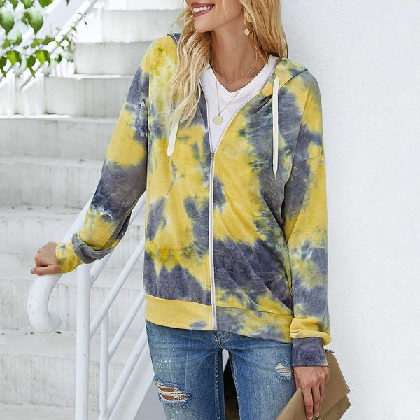 women tie-dye jackets zip-up hoodie drawstring long sleeve streetwear loose casual hooded coat spring autumn outwear 2021 t201031, Black;brown
women tie-dye jackets zip-up hoodie drawstring long sleeve streetwear loose casual hooded coat spring autumn outwear 2021 t201031, Black;brown